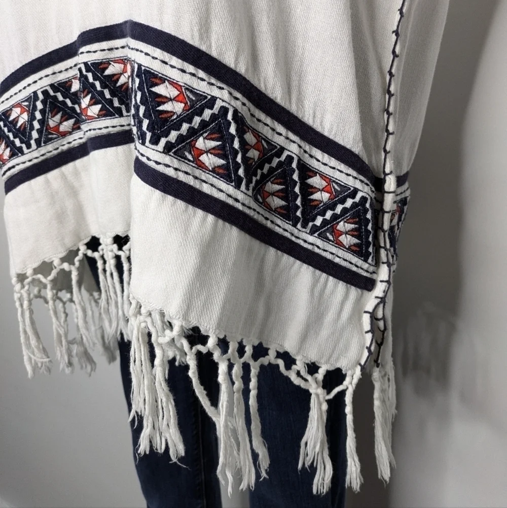 Tory Burch white blue orange tassel 100% cotton hooded cover up top XS/S